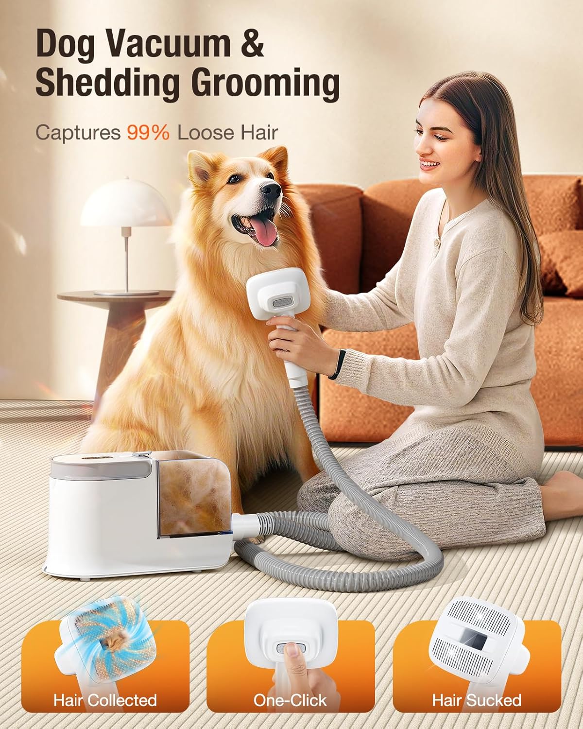 Dog Grooming Vacuum, 12000Pa Dog Hair Vacuum with Pet Clipper, 1.8L Pet Grooming Vacuum for Shedding Grooming Trimming, 3 Suction Modes Grooming Kit with 4 Grooming Tools for Dogs Cats